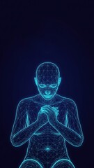 A wireframe human glowing a blue holding chest showing quiet sadness tech empathy stress management