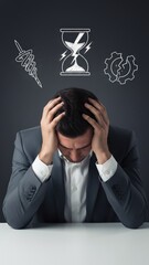 A businessman gripping a head under floating stress symbols showing workplace mental overload stress management