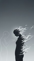 A silhouette dissolving into smoke with ghost outline showing identity change inner struggle stress management