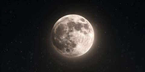 Celestial Orb: A radiant full moon dominates the night sky, its surface detailed with craters and bathed in a soft glow against a backdrop of twinkling stars.