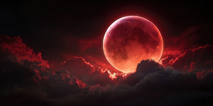 Blood Moon: A mesmerizing celestial display captures the awe-inspiring beauty of a blood moon illuminating the night sky with a vibrant red hue, contrasted against the dark.