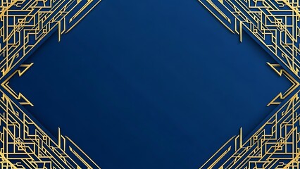 Elegant art deco design with gold accents on a deep blue background