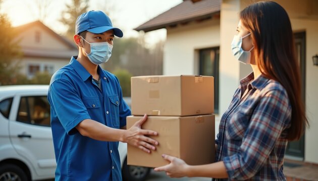 Man in blue uniform and face mask hands boxes to woman customer at her home. Delivery person gives packages to recipient during day. Safe contactless parcel transfer. - Powered by Adobe
