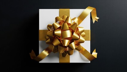 Luxury White Gift Box Gold Ribbon Bow Wrapped Present Black Background Stock Photography.jpg
