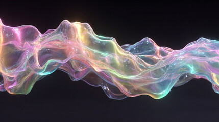 Neon fluid 3D ribbon on black background, with rainbow caustic effect and chromatic gradient, creating a dynamic, abstract, liquid glass wave ideal for digital and futuristic visuals