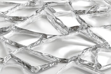 Clear, fractured glass pieces on white surface; fractured angles