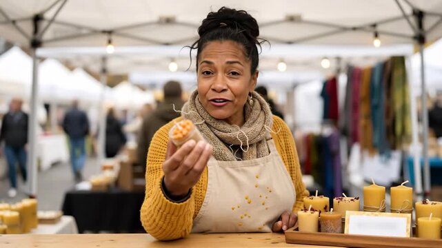 Smiling woman artisan selling handmade beeswax candles at an outdoor market stall. Small business owner holding a product and talking to a customer.