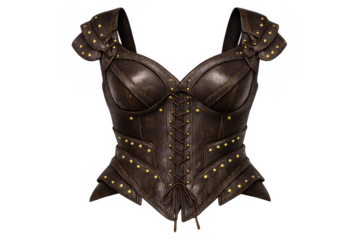 Dark brown leather fantasy armor corset for strong female warrior, featuring golden studs and front lacing, transparent background