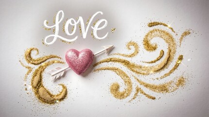 Glittery pink heart pierced by arrow with gold swirls and love text on white background