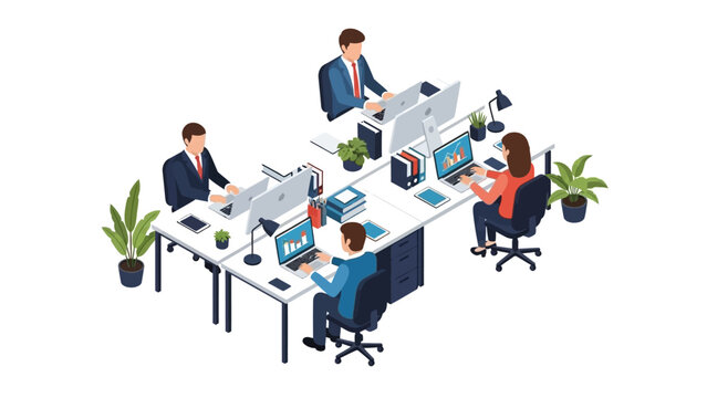 Isometric Illustration of Business Professionals Collaborating in a Modern Office Workspace