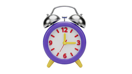 Purple alarm clock with yellow hands and feet on a white background