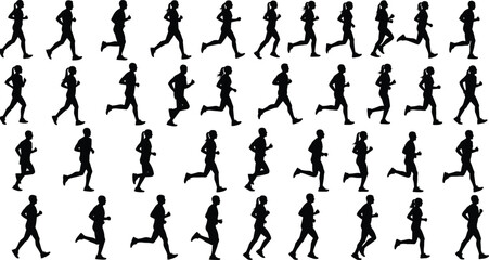 Collection of various running man and woman silhouettes in different poses and motion stages for sports fitness and marathon design.
