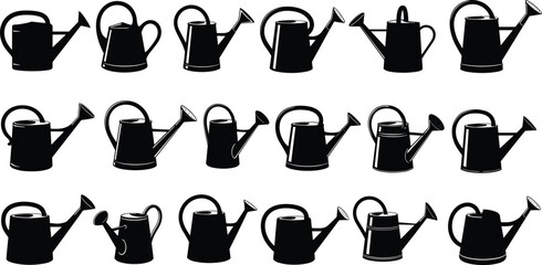 Collection of Silhouette Watering Can Icons Set Isolated on White Background for Gardening Maintenance Horticulture Equipment and Plant Care Vector © Anu's World