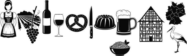 German Culture and Tradition Vector Set with Dirndl Woman Grapes Wine Pretzel Bundt Cake Beer Spaetzle Timber House Map and Stork