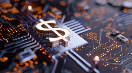 Digital Currency Concept with Dollar Symbol on Circuit Board, Representing Modern Financial Technology and Cryptocurrency Innovation