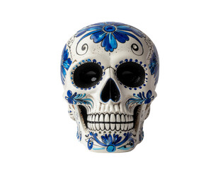 Obraz premium Carved ceramic skull with blue floral patterns on white background for day of the fallen decoration