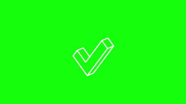 A clean white tick symbol appearing with a soft bounce or stroke-draw animation, then holding briefly before looping. Simple line icon design, high contrast on green screen background.