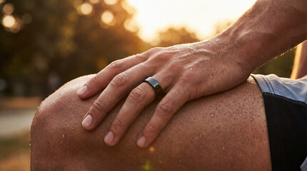 Close-up of a sweaty male athlete's hand resting on his leg, wearing a black smart ring. Fitness tracker wearable technology concept in golden sunset light during outdoor workout recovery.
