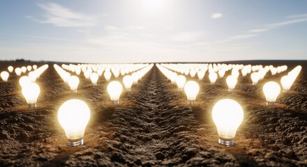 Bright Light Bulbs Growing in a Field as an Idea Concept
