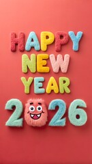 Happy New Year 2026 made from colorful fluffy plush letters, cute cartoon monster faces embedded in each letter, bright solid red background, soft furry texture, playful and joyful style, toy-like loo
