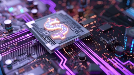 Digital Currency Concept with Dollar Bill on Circuit Board, Symbolizing Finance and Technology Fusion