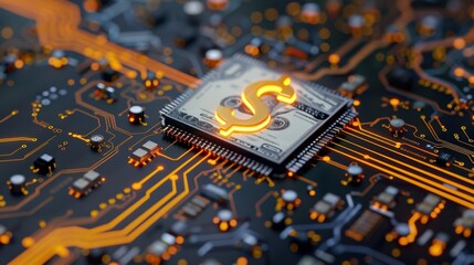Financial Technology Concept with Dollar Symbol on Computer Circuit Board and Banknote Representation of Digital Currency