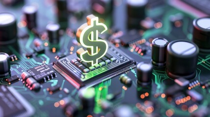 Digital currency representation on electronic circuit board with dollar symbol in green neon lighting and modern technology elements