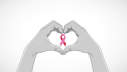 Obraz premium Hands forming heart shape with pink breast cancer awareness ribbon on white background, symbolizing love and support for cancer patients and survivors