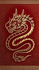Golden Chinese dragon on red background with traditional pattern and Greek border