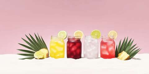 Refreshing colorful tropical drinks on beach sand, celebrating summer vacation and vibrant party