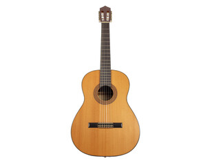 Fototapeta premium Classic acoustic guitar with natural wood finish and steel strings resting upright