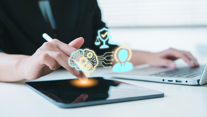 Business person using tablet for AI governance and human-in-the-loop oversight to ensure ethical artificial intelligence and data privacy compliance