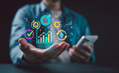 Business man presenting monthly KPI reporting and performance review analysis for business growth and success goals