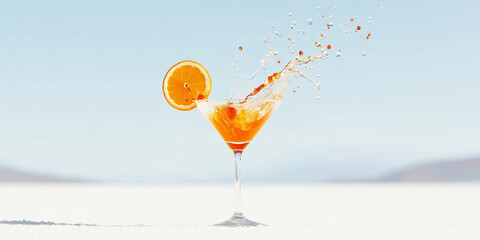 Refreshing orange cocktail splashing from a martini glass against a light blue sky and vast white landscape