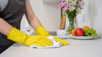 Person in yellow rubber gloves wiping white kitchen countertop with cloth, showing cleaning process on kitchen surface, emphasizing kitchen cleaning task