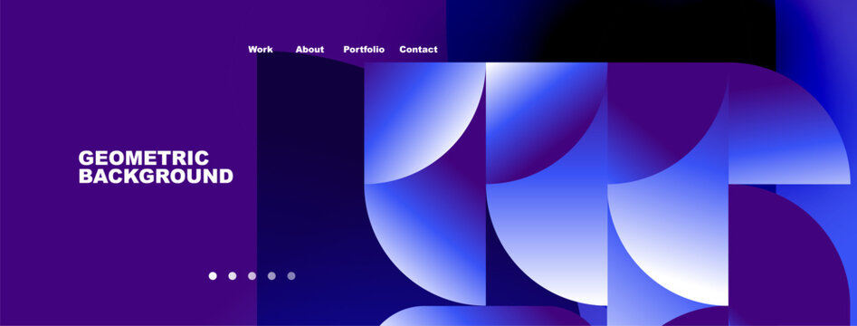Abstract website header design. Geometric shapes, blue hues, purple accents create modern visual appeal. Navigation menu present.