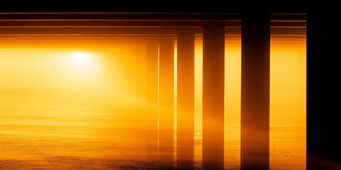 Brutalist architectural pillars forming an abstract perspective at dawn, concrete structure silhouetted in warm atmospheric fog