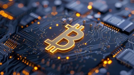 Close-Up of Bitcoin Symbol on Circuit Board with Glowing Highlights Representing Digital Currency and Technology Concepts