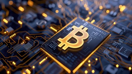 Digital Bitcoin Symbol on Circuit Board with Glowing Connections and Modern Technology Background