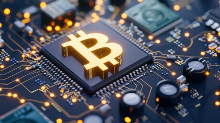 Golden Bitcoin Symbol on Circuit Board Surrounded by Microchips and Electric Connections