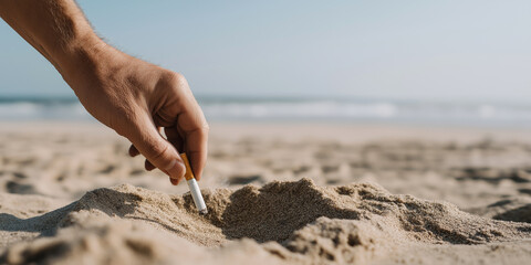 Hand placing cigarette butt into beach sand, polluting environment and impacting coastal tourism
