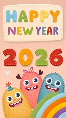 Happy New Year 2026 fun kids wallpaper, fuzzy fabric letters, smiling cartoon creatures with big eyes, rainbow color palette, bold solid background, cheerful and playful mood, soft plush texture, ultr