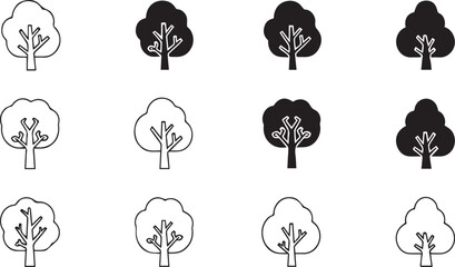 Collection of stylized tree icons in black and white outline and solid fill symbol