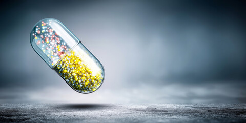 Conceptual medicine capsule with glowing nanoparticles floating, representing future drug delivery and biotechnology innovation