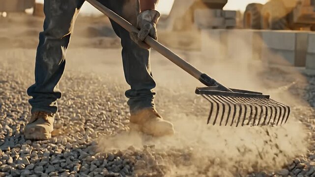 Laborer Smoothing Gravel with Rake at Construction Site in Warm Sunlight