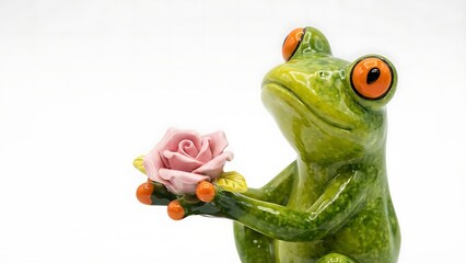green frog statue holding pink rose in hand smiling