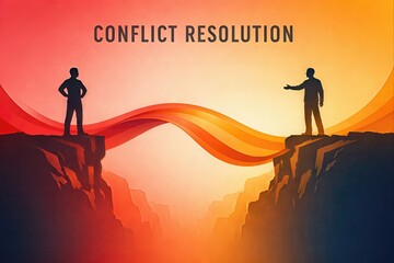 Conflict resolution strategies illustrated by two silhouetted figures standing on cliff edges emphasizing dialogue collaboration and emotional intelligence in challenging situations