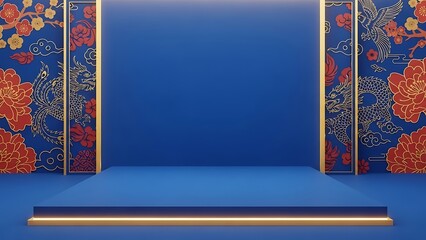 Elegant blue stage with floral and dragon patterns for presentations