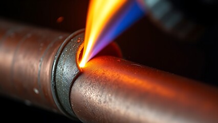 accuser. Extreme close-up of copper pipe joint with molten silver brazing. safety posters, maintenance manuals, designed for precision metalworking and fabrication facilities.