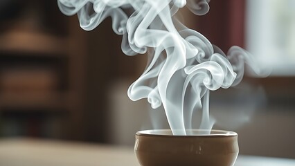 soliloquy. White smoke rising from a simple ceramic incense burner in soft indoor light. event programs, museum guides, designed for cultural heritage projects and event programs, supports education.